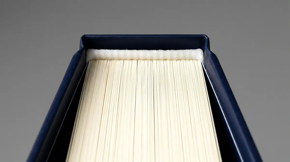 膠裝書脊由下向上特寫,可見書頁邊緣被一層白色膠水黏合到封面,方脊結構清晰